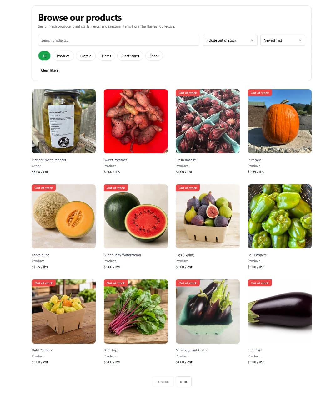 The Harvest Collective marketplace with available produce, product photos, prices, and browsing filters
