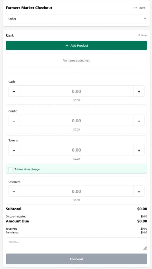 Farmers market POS with product cart, cash, credit and token payment fields, discounts, and checkout totals
